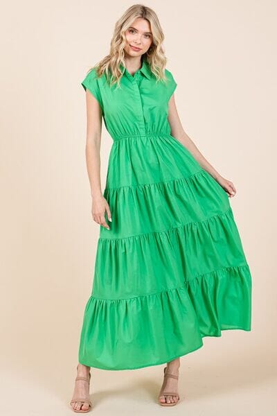 Mittoshop Button Up Collared Tiered Maxi Shirt Dress - Sydney So Sweet