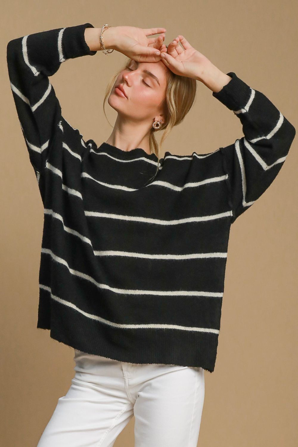 Umgee Wool Blend Striped Round Neck Sweater - Sydney So Sweet