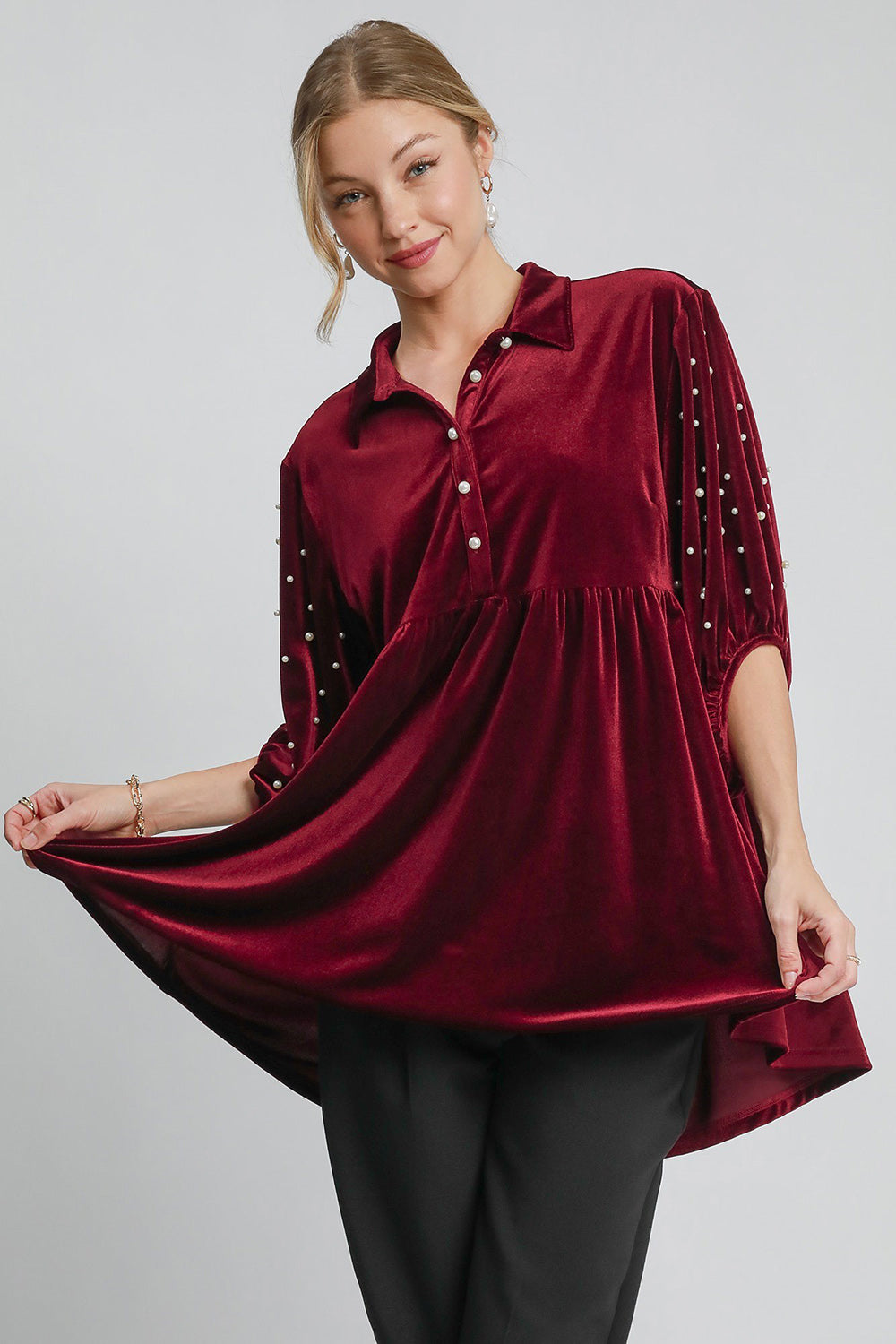 Umgee Pearl Detail Collared Neck Velvet Babydoll Blouse - Sydney So Sweet