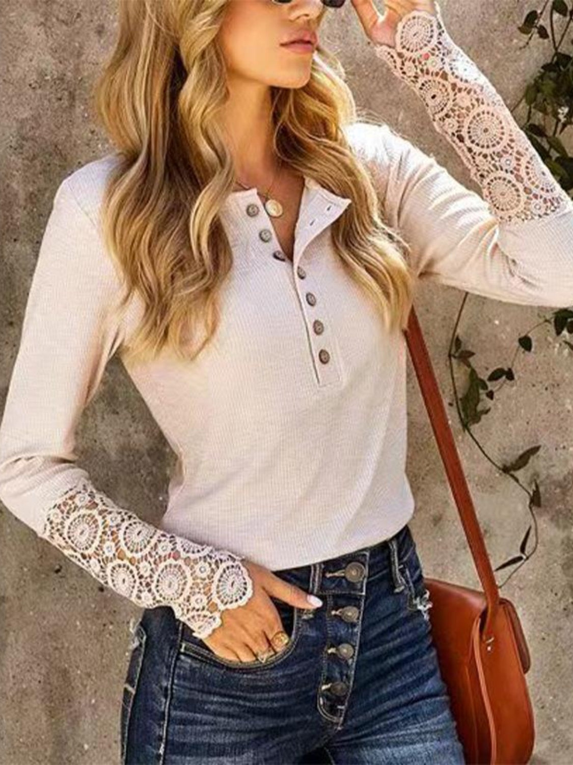 Lace Detail Half Button Round Neck Long Sleeve T-Shirt - Sydney So Sweet