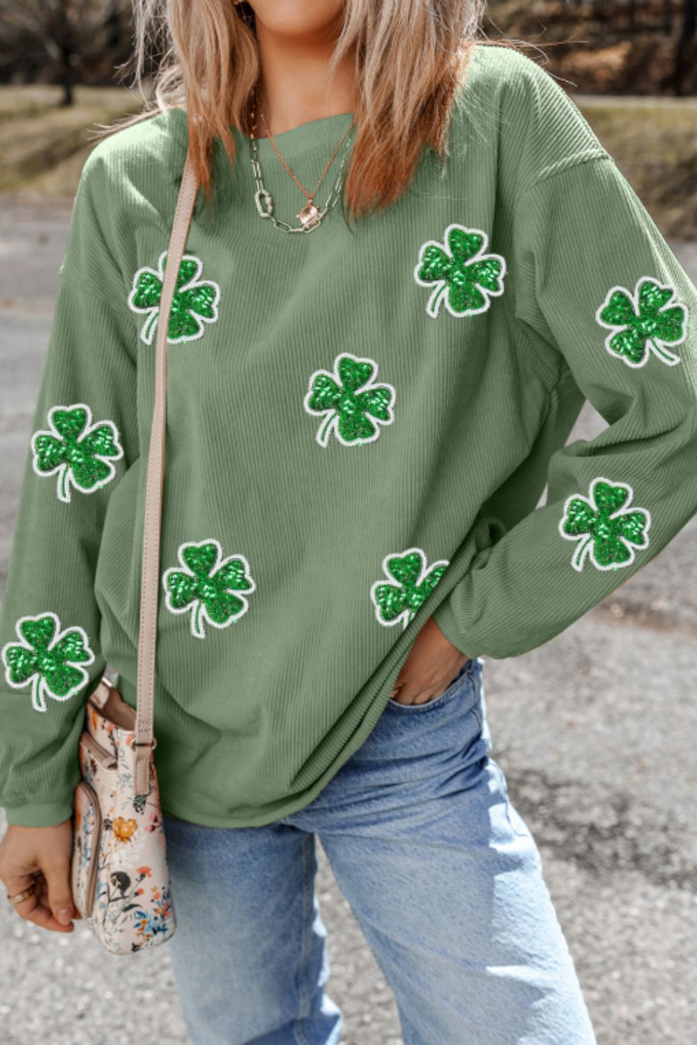 Sequin Lucky Clover Round Neck Long Sleeve Sweatshirt - Sydney So Sweet