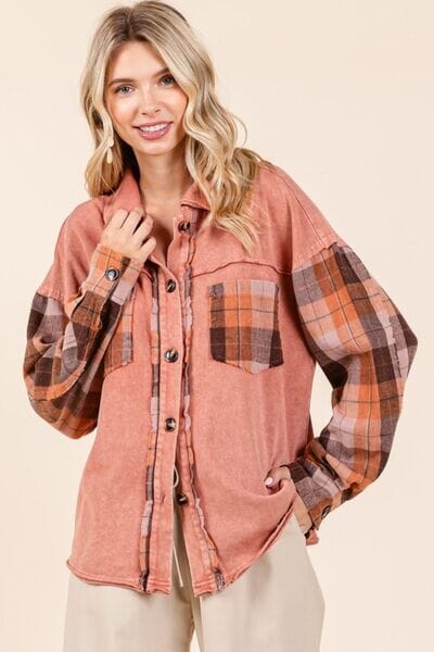 Mittoshop Button Down Contrast Plaid Patchwork Shacket - Sydney So Sweet