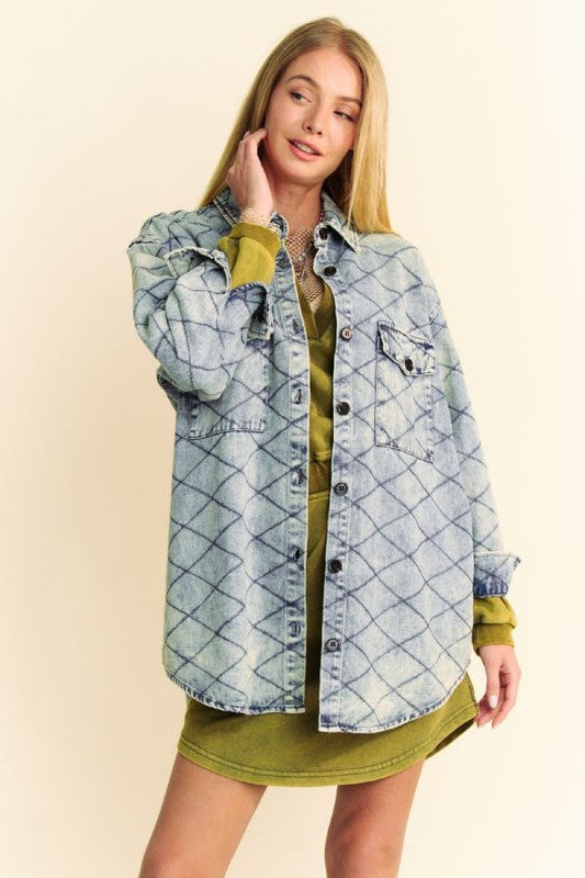 Davi &amp; Dani Curved Hem Diamond Quilted Button Up Denim Shacket - Sydney So Sweet