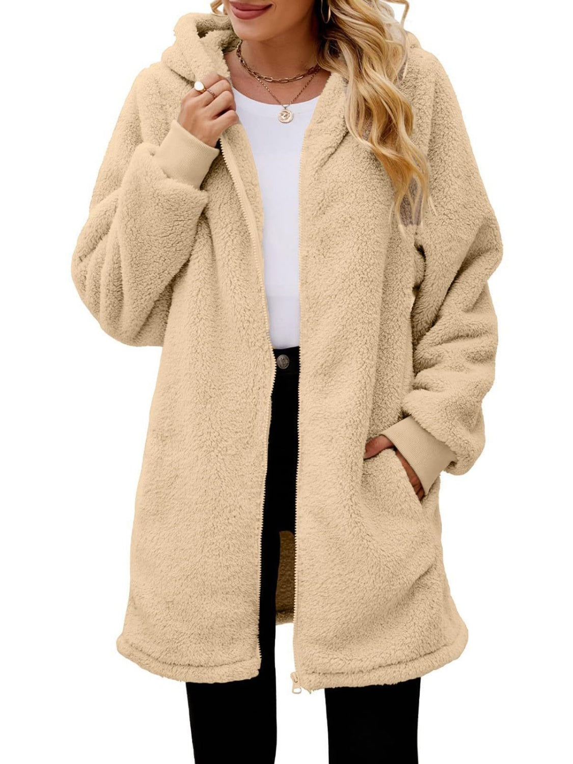 Fuzzy Pocketed Zip Up Long Sleeve Hooded Jacket - Sydney So Sweet