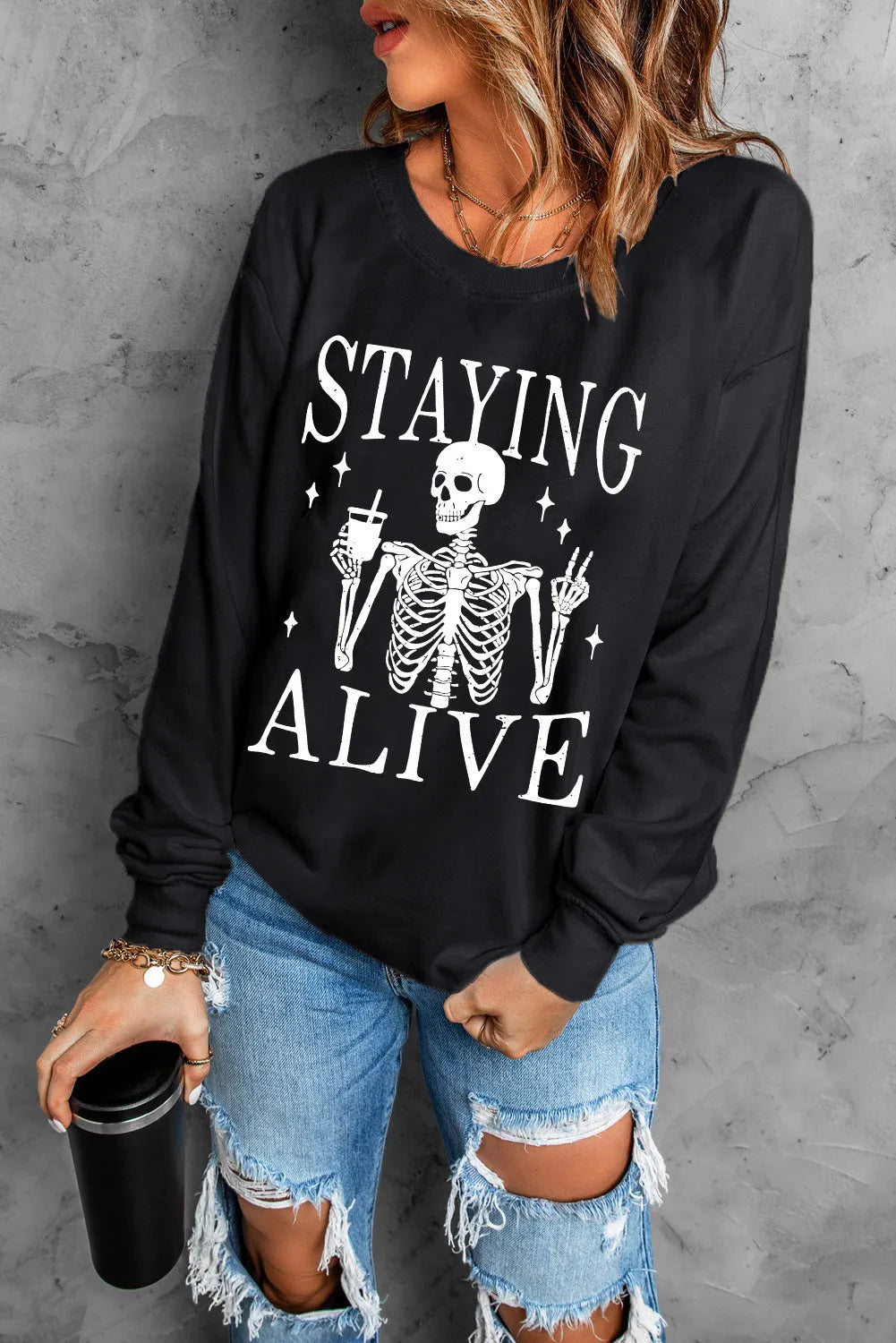 Skull Graphic Women's Staying Alive Long Sleeve Sweatshirt - Sydney So Sweet