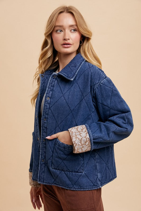 Annie Wear Quilted Printed Lining Snap Down Denim Jacket - Sydney So Sweet