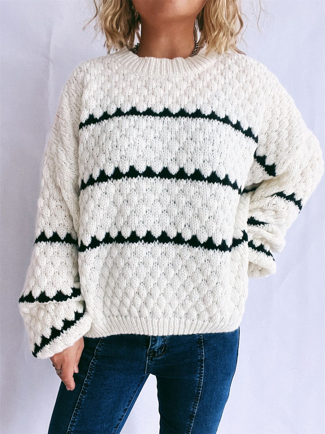 Contrast Stripes Round Neck Long Sleeve Sweater - Sydney So Sweet