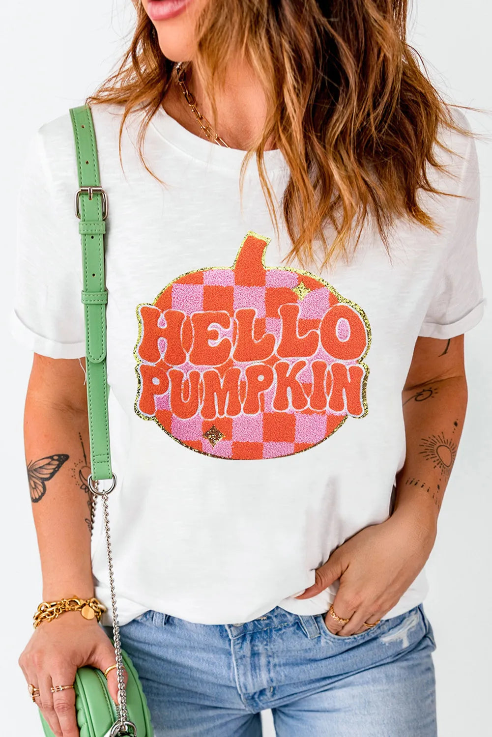 Hello Pumpkin Checkboard Short Sleeve Women&#39;s Graphic T-Shirt - Sydney So Sweet