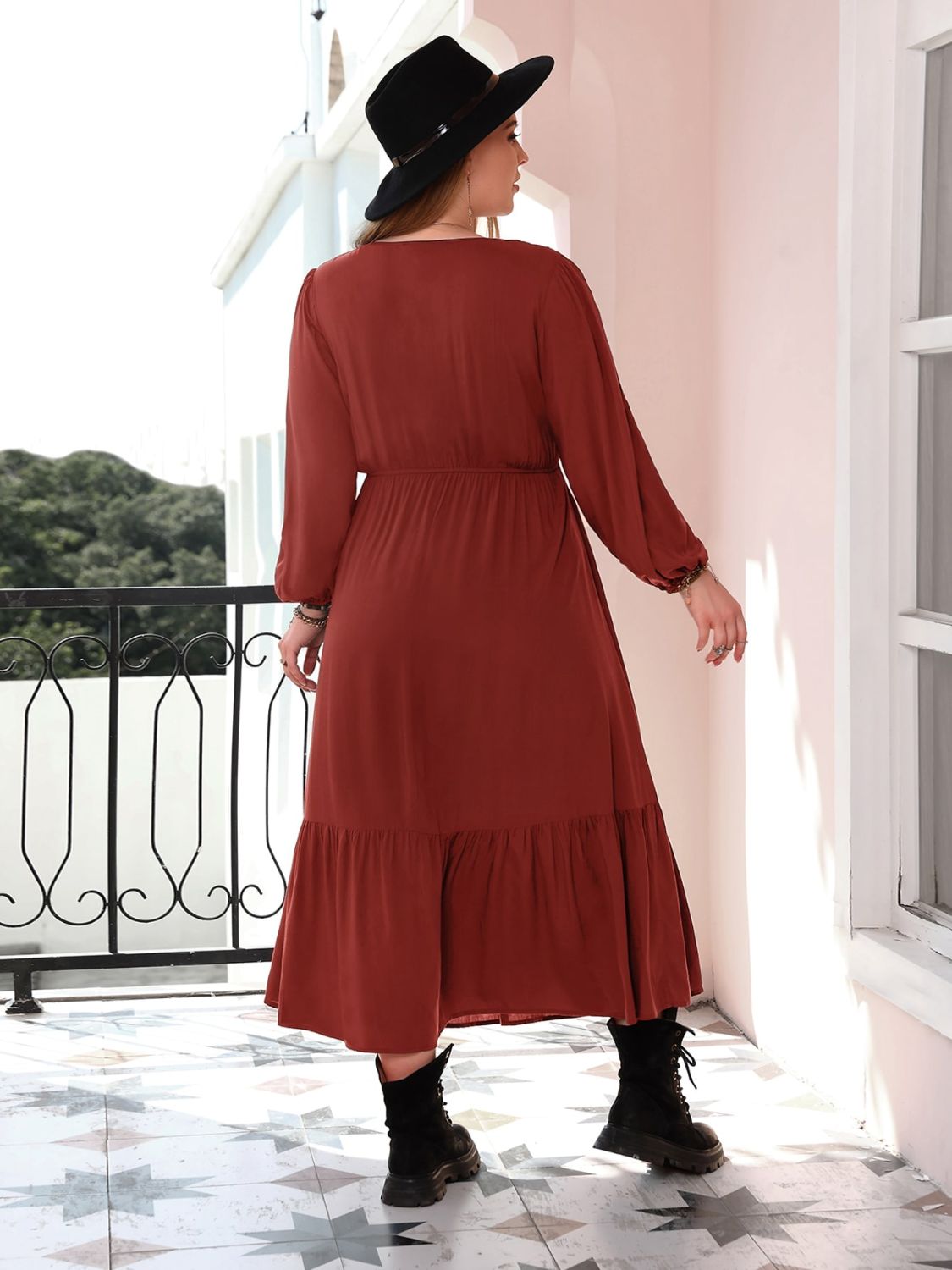 Plus Size Quarter Button V-Neck Long Sleeve Dress - Sydney So Sweet