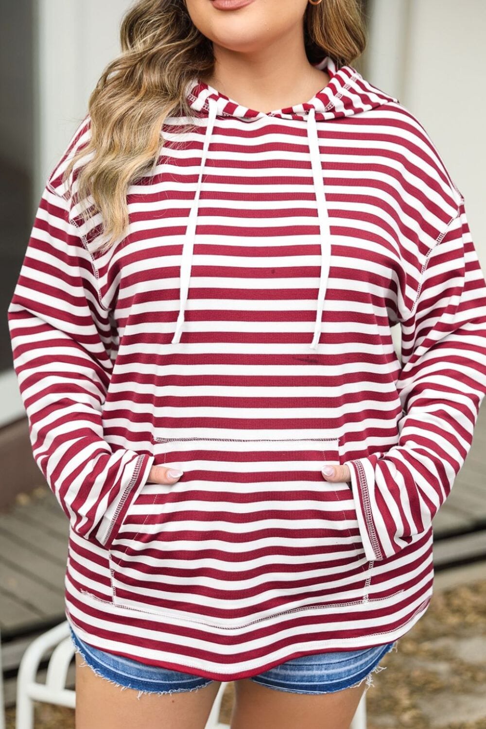 Plus Size Drawstring Striped Dropped Shoulder Hoodie - Sydney So Sweet