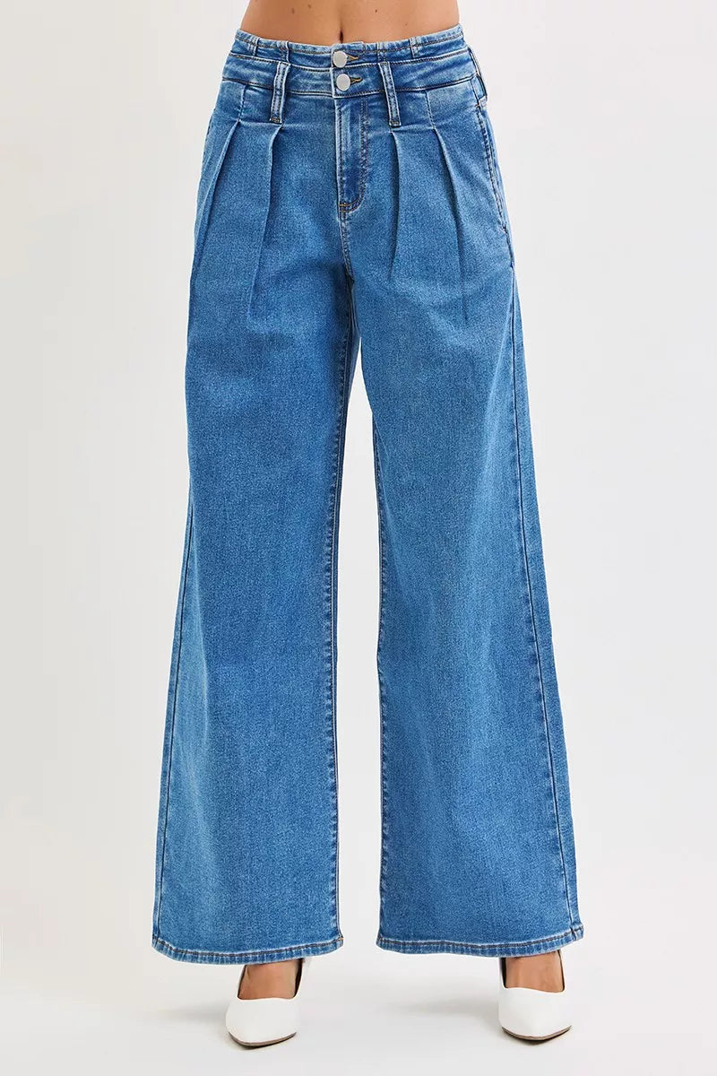 RISEN Full Size Mid Rise Fit Wide Leg with Pleated Detail Jeans Plus Size - Sydney So Sweet