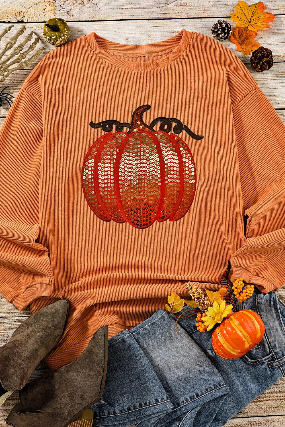 Sequin Pumpkin Round Neck Long Sleeve Sweatshirt - Sydney So Sweet