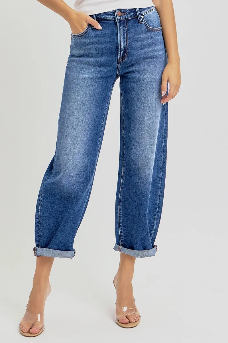 RISEN Full Size High Rise Crop Mild Barrel Jeans Plus Size - Sydney So Sweet