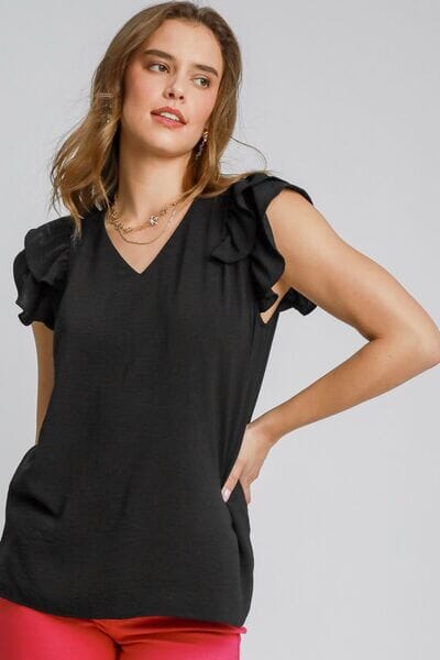 Umgee Full Size V-Neck Double Layered Ruffle Sleeve Blouse Plus Size - Sydney So Sweet