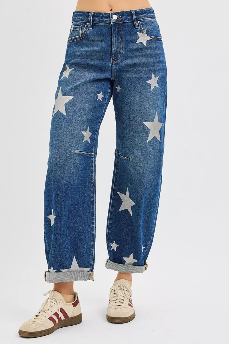 RISEN Mid Rise Ankle Length Relaxed Barrel Star Printed Jeans - Sydney So Sweet