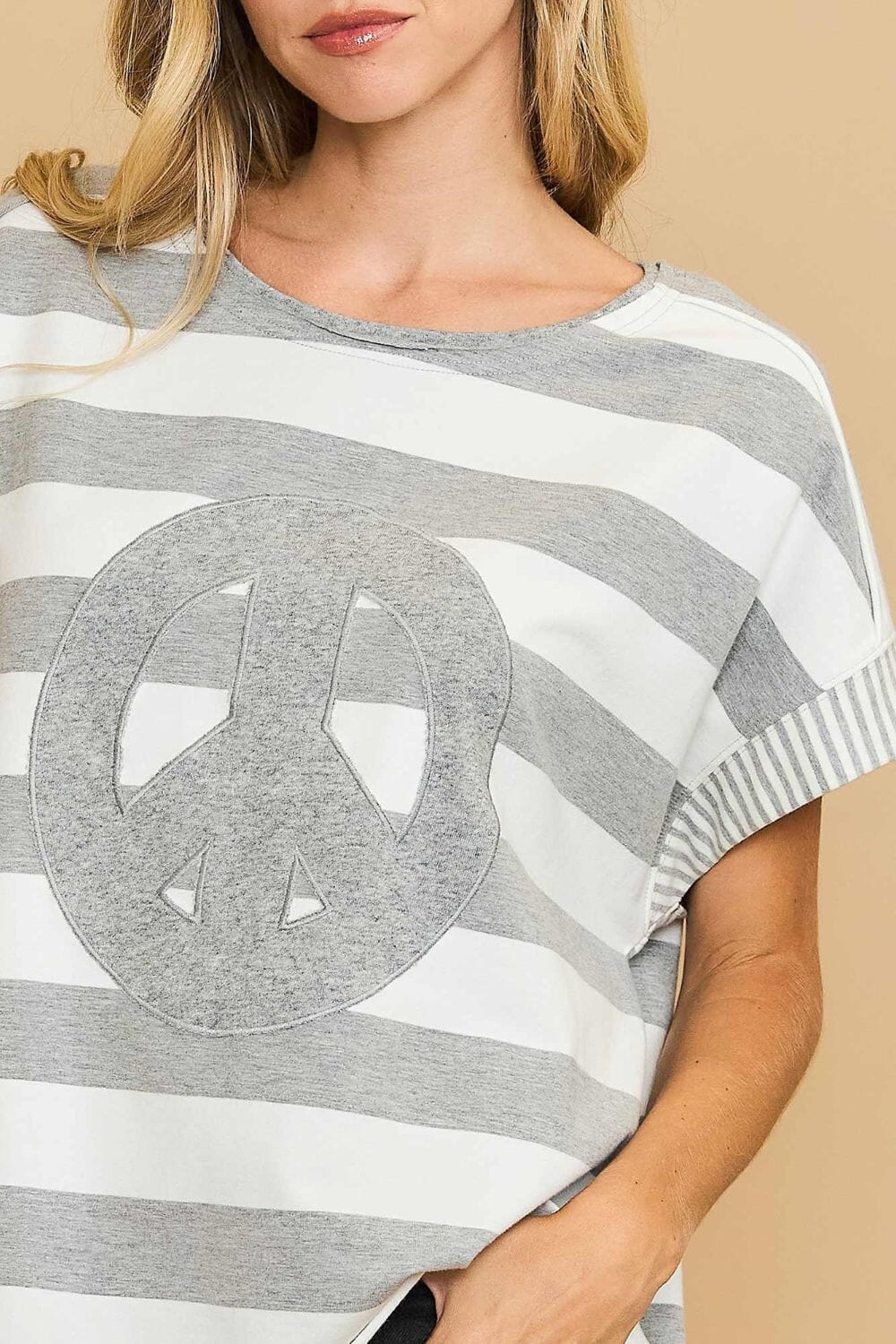 Umgee Peace Sign Patch Striped French Terry T-Shirt - Sydney So Sweet