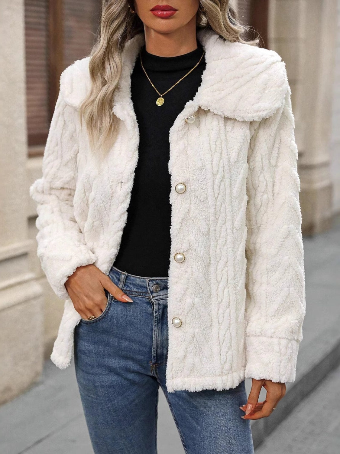 Fuzzy Texture Button Up Collared Neck Coat - Sydney So Sweet