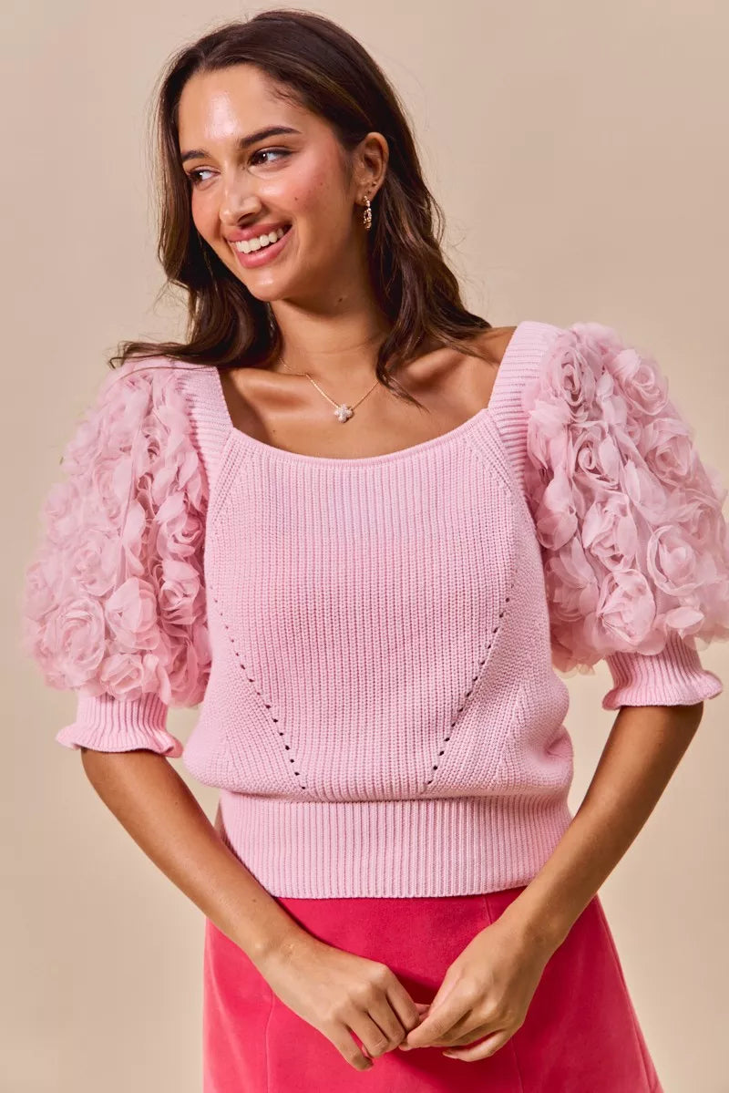 SO ME Rosette Sleeves Square Neck Sweater Knit Top - Sydney So Sweet
