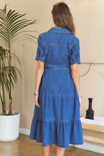 ADORA Tiered Button Down Tie Waist Short Sleeve Denim Dress - Sydney So Sweet