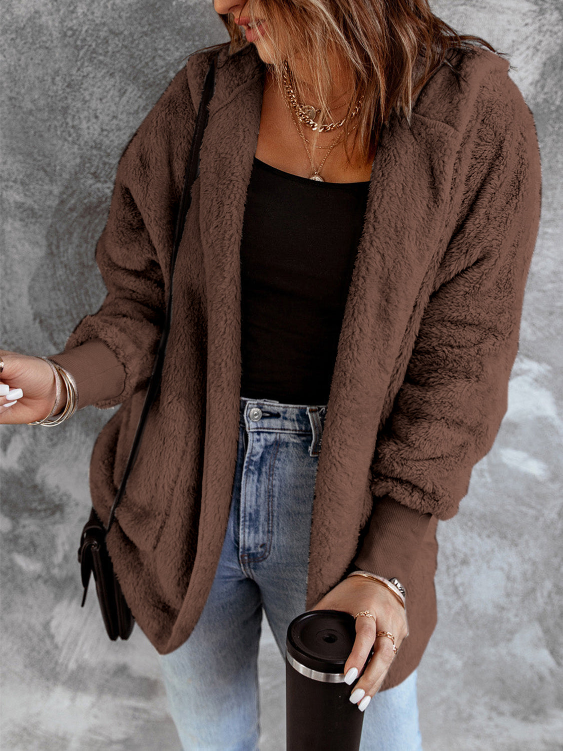 Open Front Hooded Faux Fur Cardigan with Pockets - Sydney So Sweet