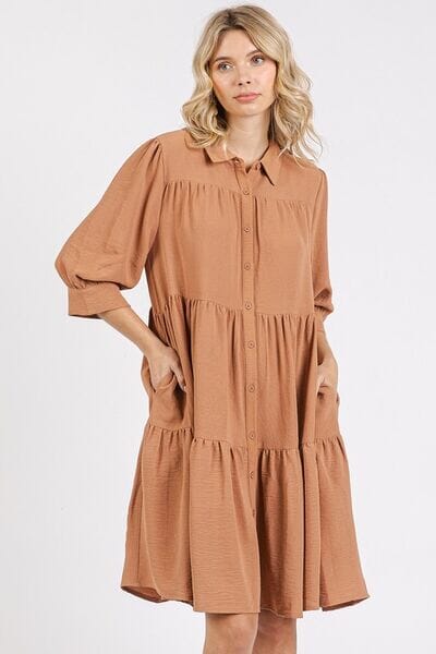 Mittoshop Button Detail Collared Neck Tiered Shirt Dress - Sydney So Sweet