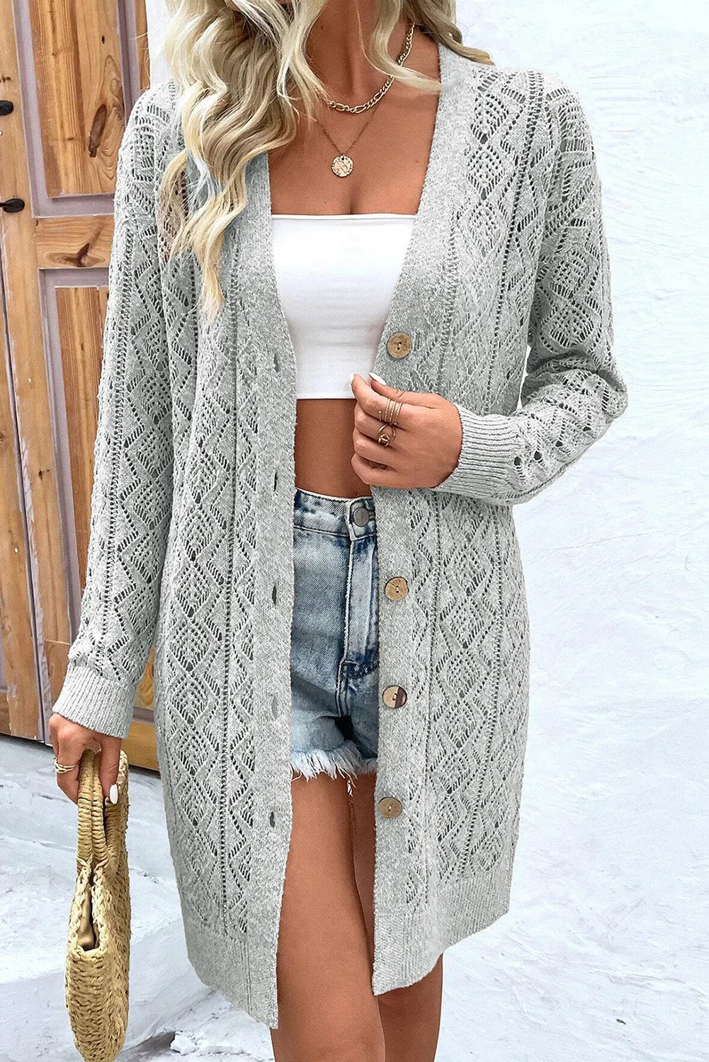 Openwork Button Down Long Sleeve Cardigan - Sydney So Sweet