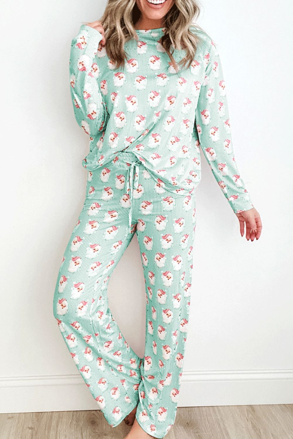 Santa Print Long Sleeve Top and Pants Lounge Set - Sydney So Sweet