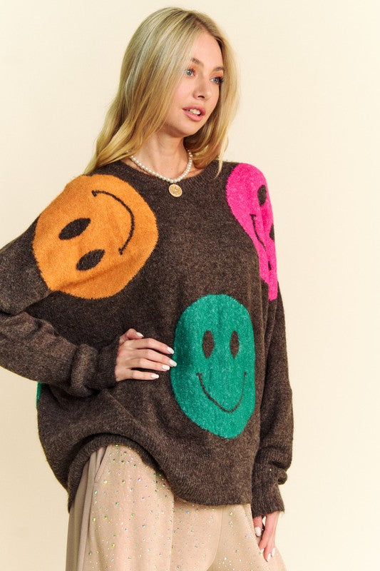 Davi & Dani Contrast Smile Round Neck Oversize Sweater - Sydney So Sweet