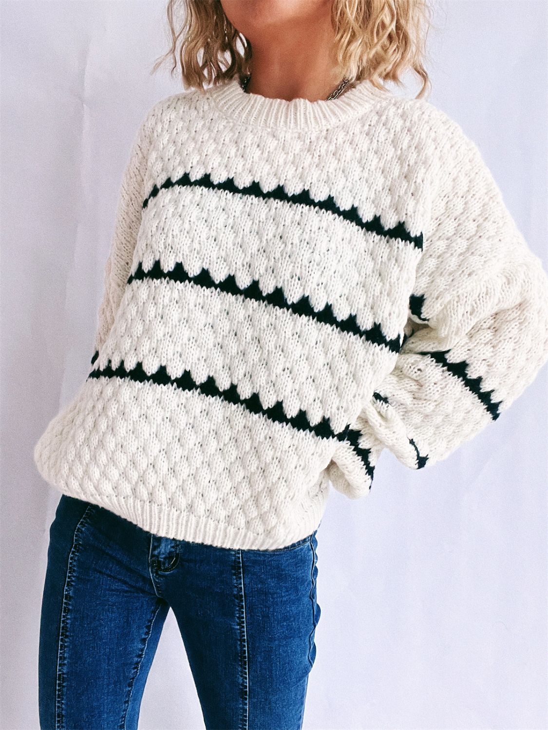 Contrast Stripes Round Neck Long Sleeve Sweater - Sydney So Sweet