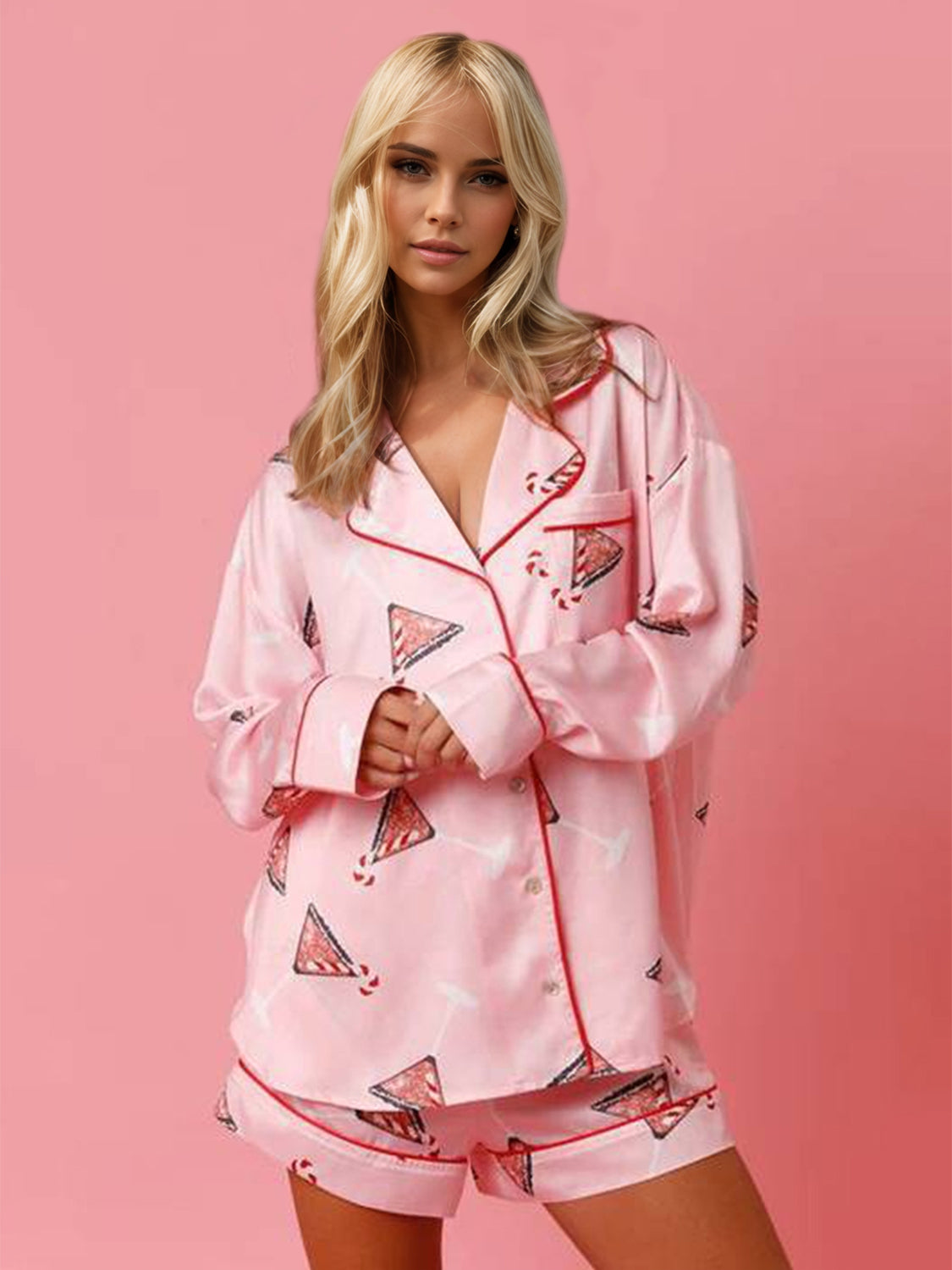 Printed Collared Neck Long Sleeve Top and Shorts Set - Sydney So Sweet