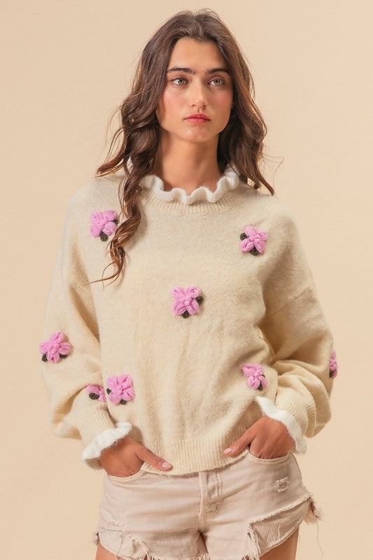 BiBi Ruffled Crochet Flower Dropped Shoulder Sweater - Sydney So Sweet