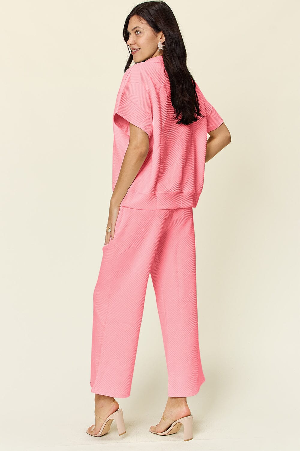 Double Take Full Size Texture Half Zip Short Sleeve Top and Pants Set - Sydney So Sweet