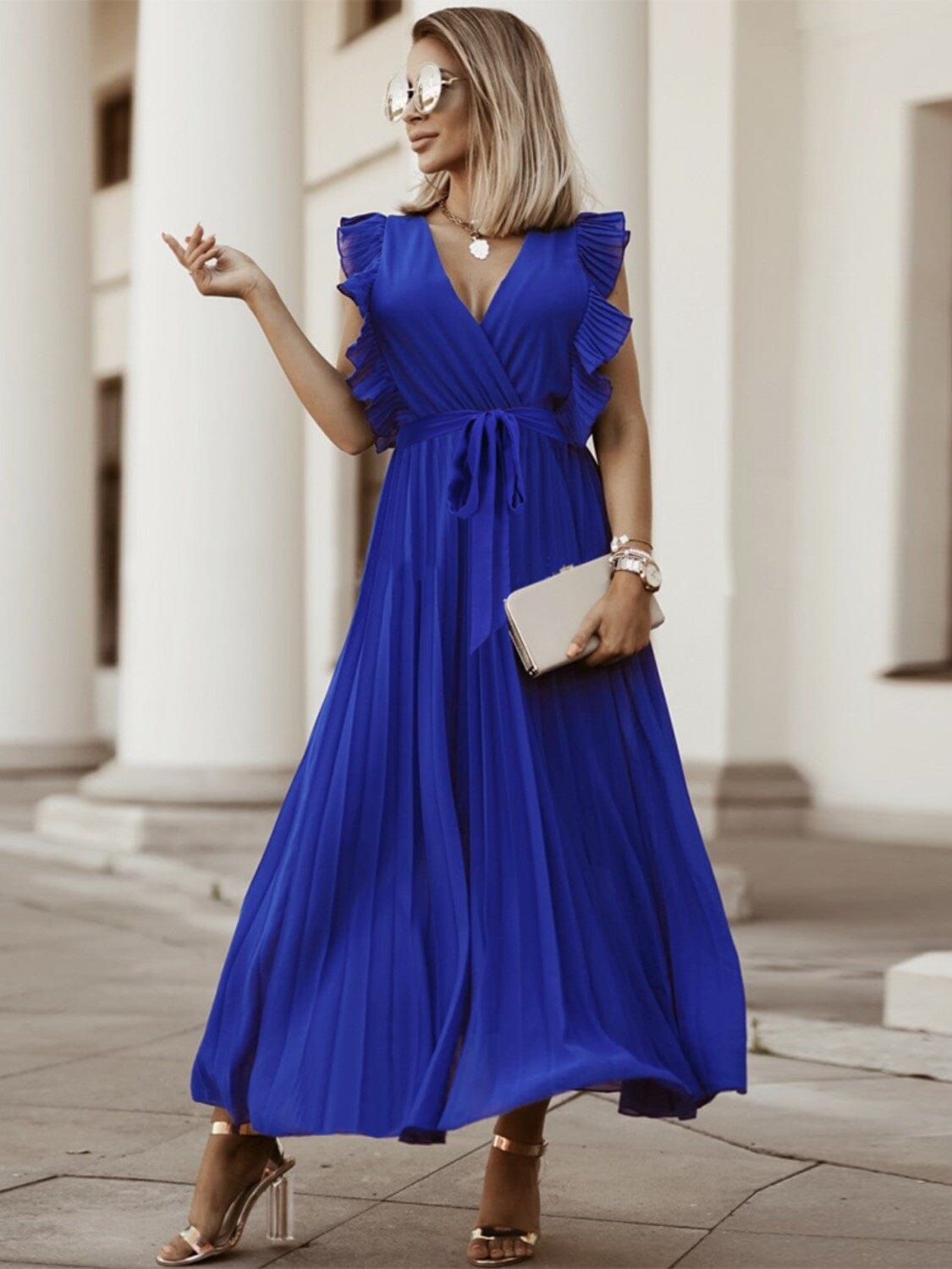 Tied Surplice Cap Sleeve Pleated Dress - Sydney So Sweet