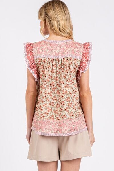 Mittoshop Floral Notched Ruffled Cap Sleeve Blouse - Sydney So Sweet