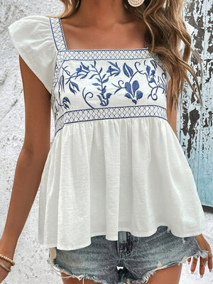 Tied Embroidered Ruffled Square Neck Cap Sleeve Blouse - Sydney So Sweet