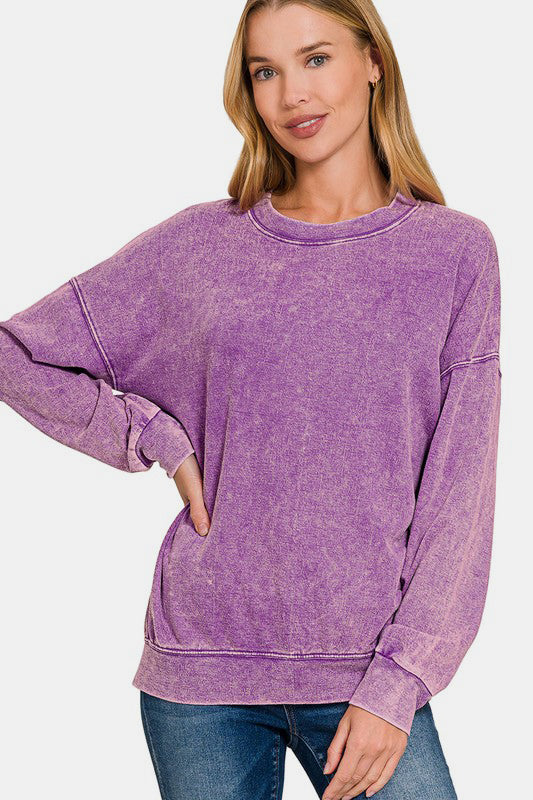 Zenana Washed Round Neck Dropped Shoulder Sweatshirt - Sydney So Sweet