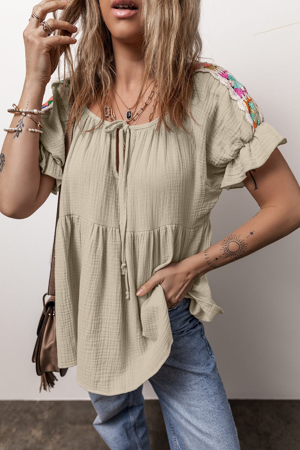 Embroidered Tie Neck Short Sleeve Blouse - Sydney So Sweet