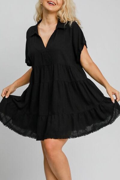 Umgee Full Size Raw Hem Folded Sleeve Tiered Dress Plus Size - Sydney So Sweet