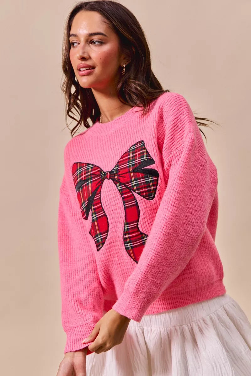 SO ME Checker Plaid Ribbon Christmas Holiday Sweater - Sydney So Sweet