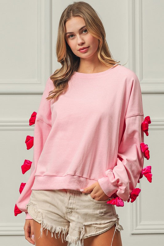 BiBi Velvet Ribbon Bows Long Sleeve Round Neck Sweatshirt - Sydney So Sweet