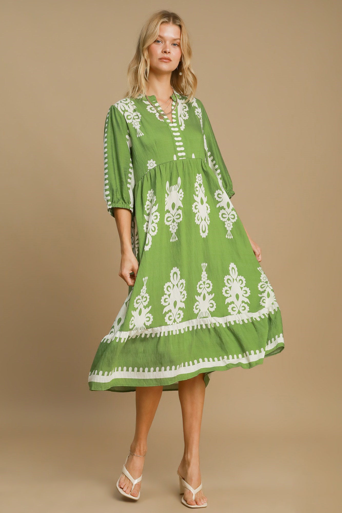 Umgee Printed Notched Midi Dress - Sydney So Sweet