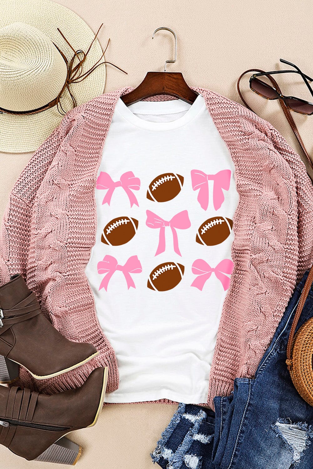 Football & Bow Round Neck Short Sleeve T-Shirt - Sydney So Sweet