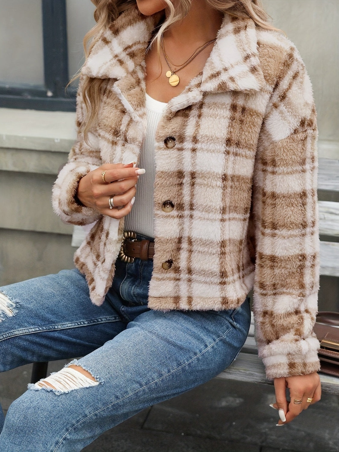 Plaid Button Up Collared Neck Long Sleeve Jacket - Sydney So Sweet