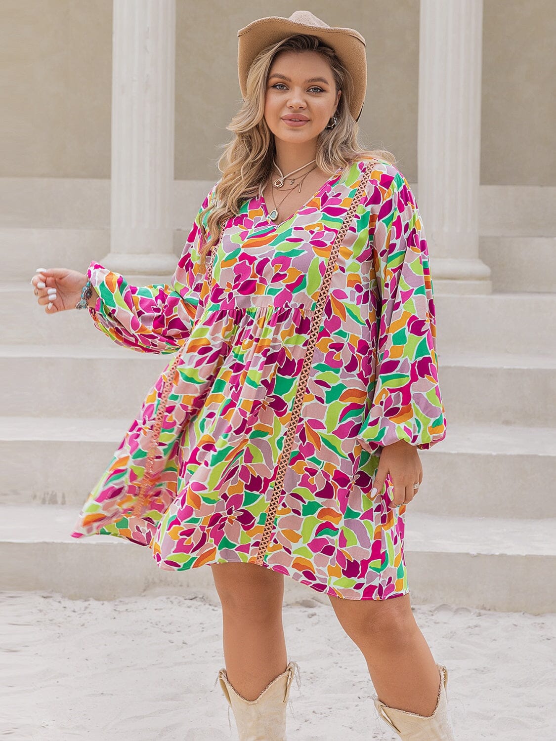 Plus Size Printed V-Neck Balloon Sleeve Mini Dress - Sydney So Sweet