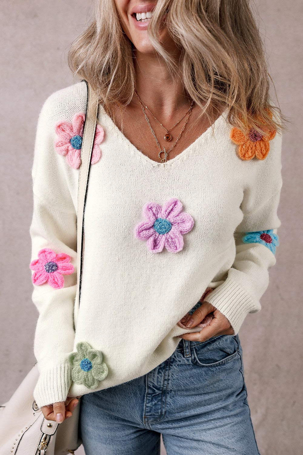 Crochet Flower V-Neck Long Sleeve Sweater - Sydney So Sweet