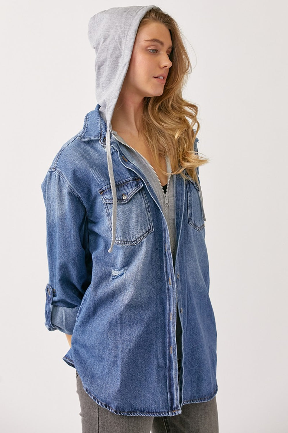 RISEN Zip Up Hooded Denim Shirt - Sydney So Sweet