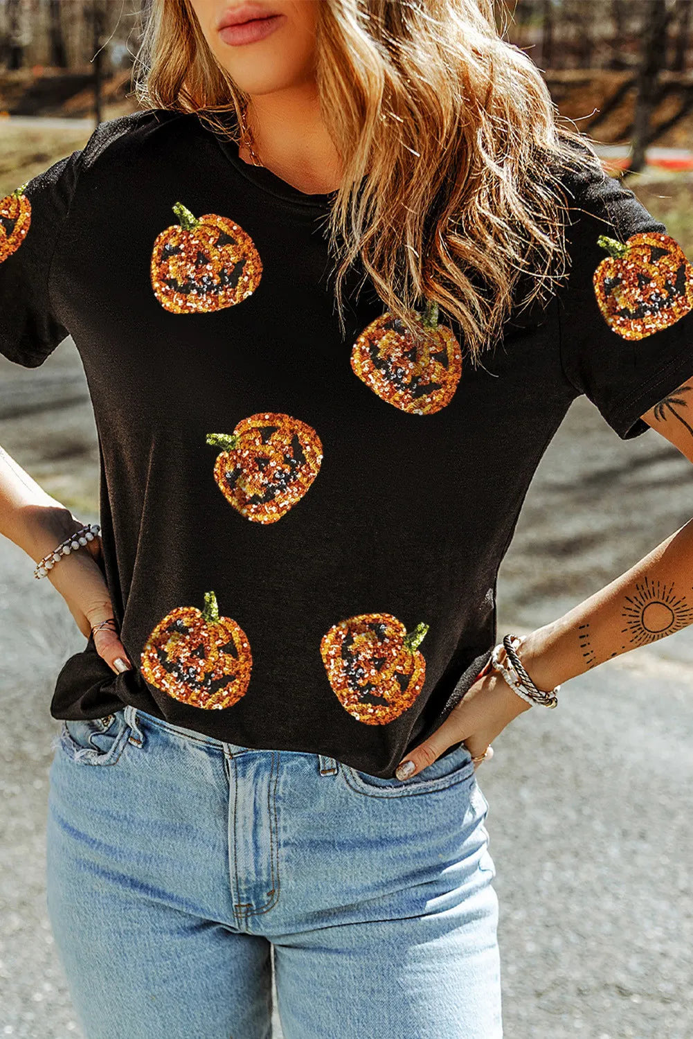 Sequin Pumpkin Round Neck Short Sleeve T-Shirt - Sydney So Sweet