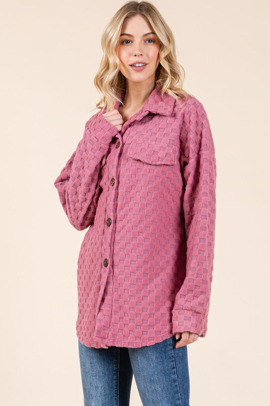 BOMBOM Checkered Button Down Dropped Shoulder Shacket - Sydney So Sweet