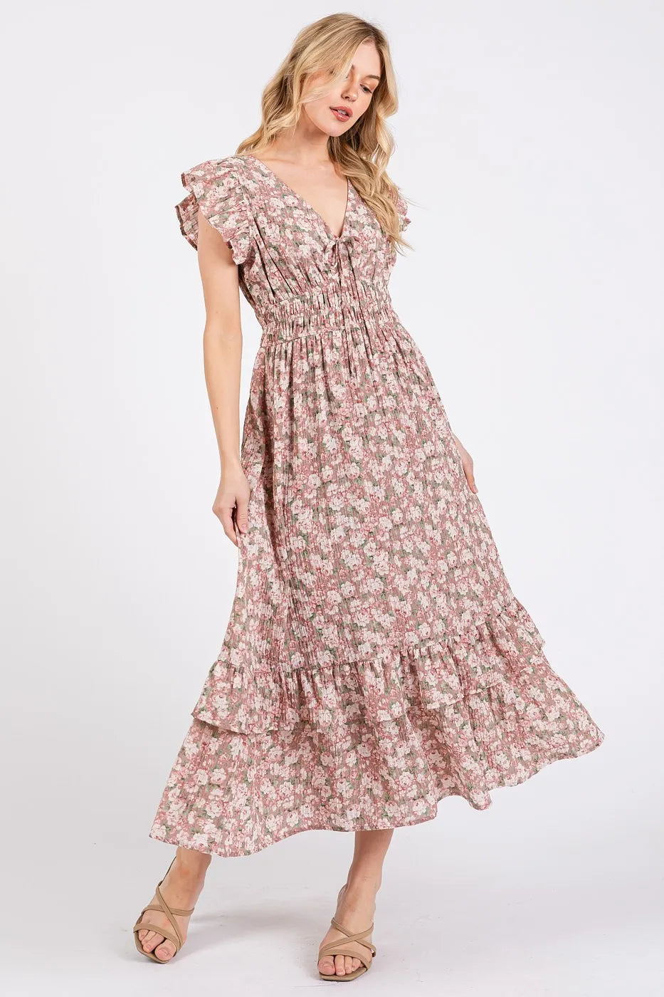 Mittoshop Flower Print Ruffle Cap Sleeve V-neck Midi Dress - Sydney So Sweet