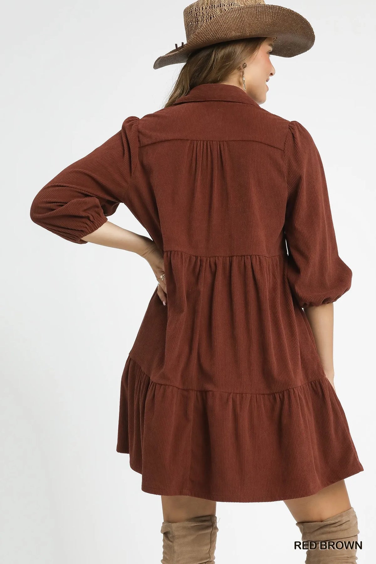 Umgee Tiered Corduroy Mini Dress with Balloon Sleeves - Sydney So Sweet